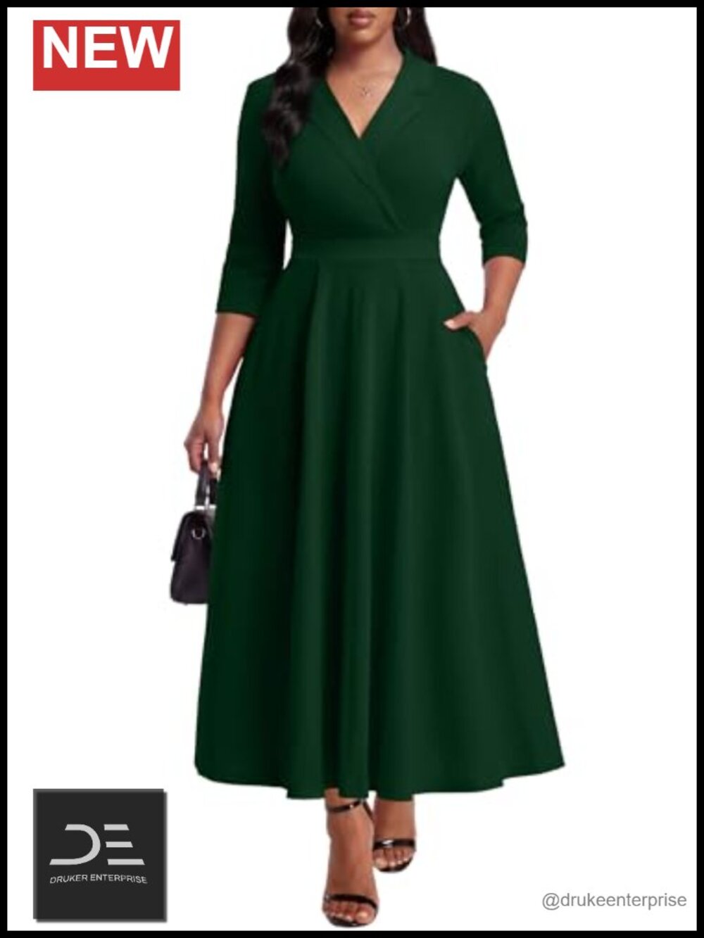 Women's Fit & Flare Maxi Dress with Pockets V-Neck 3/4 Sleeve